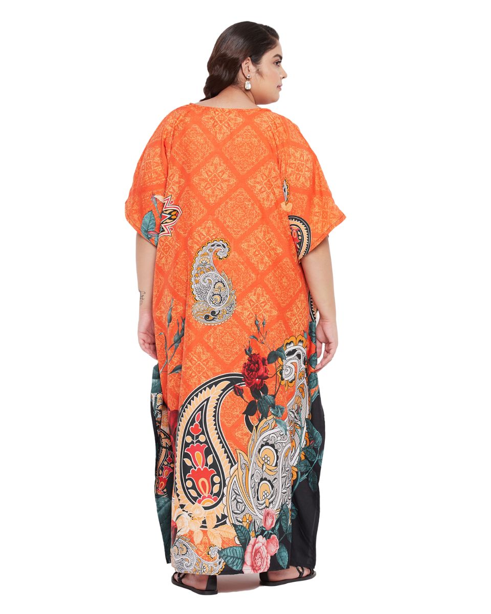 Floral Printed Orange Polyester Plus Size Kaftan Dress For Women