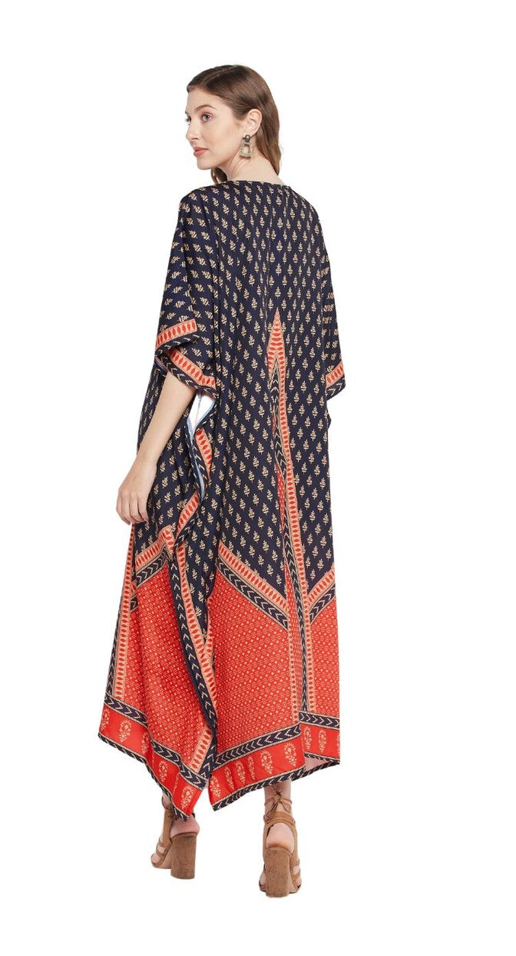 Navy plus size kaftan with diamond chevron print and red bordered handkerchief hem — additional angle