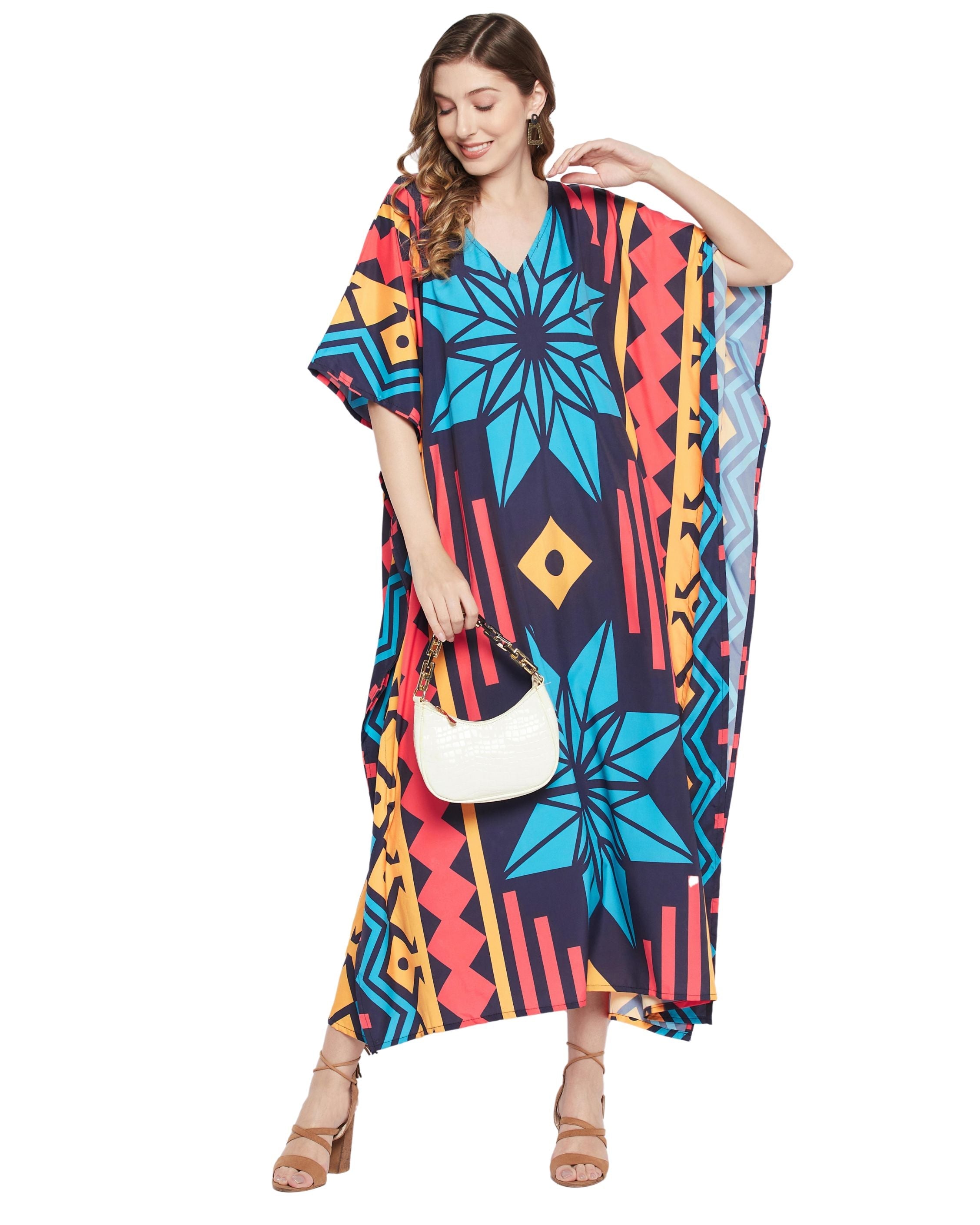 Abstract Printed Multicolor Polyester Kaftan Dress for Women