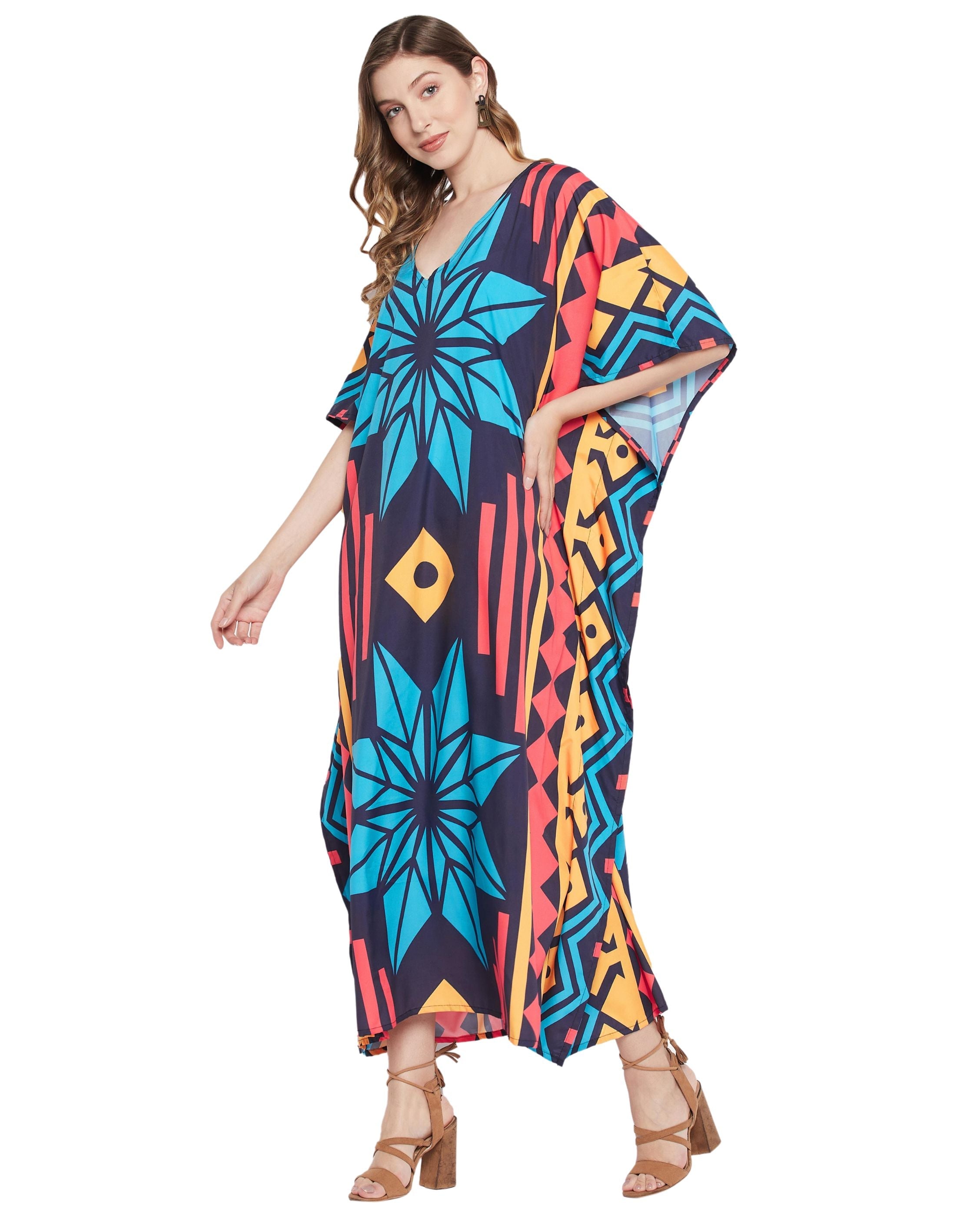 Abstract Printed Multicolor Polyester Kaftan Dress For Plus Size Women