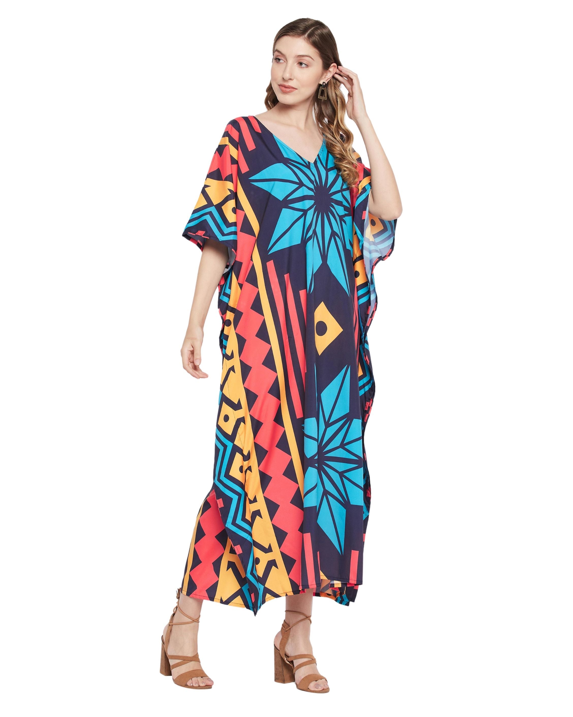 Abstract Printed Multicolor Polyester Kaftan Dress for Women