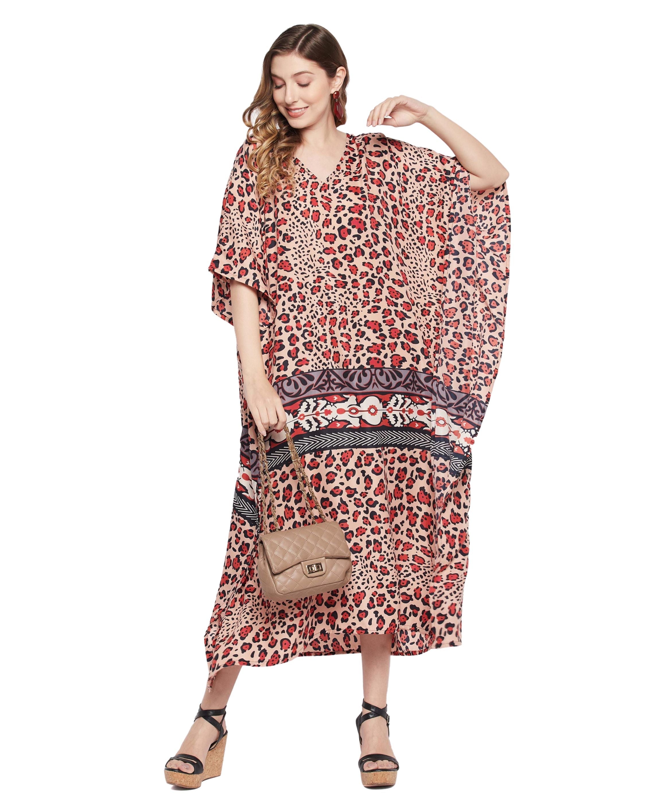 Animal Printed Multicolor Polyester Kaftan Dress For Plus Size Women