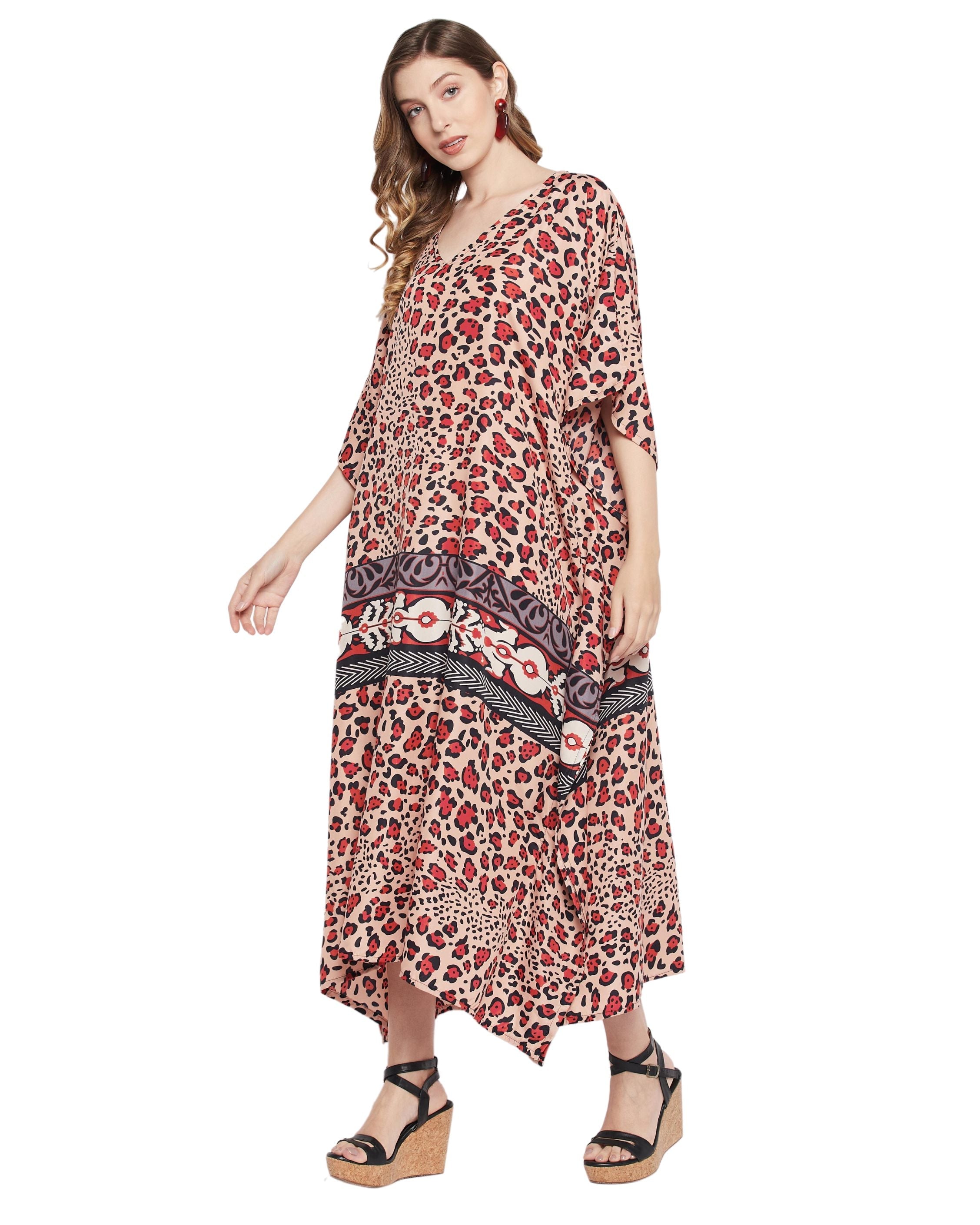 Animal Printed Multicolor Polyester Kaftan Dress For Plus Size Women