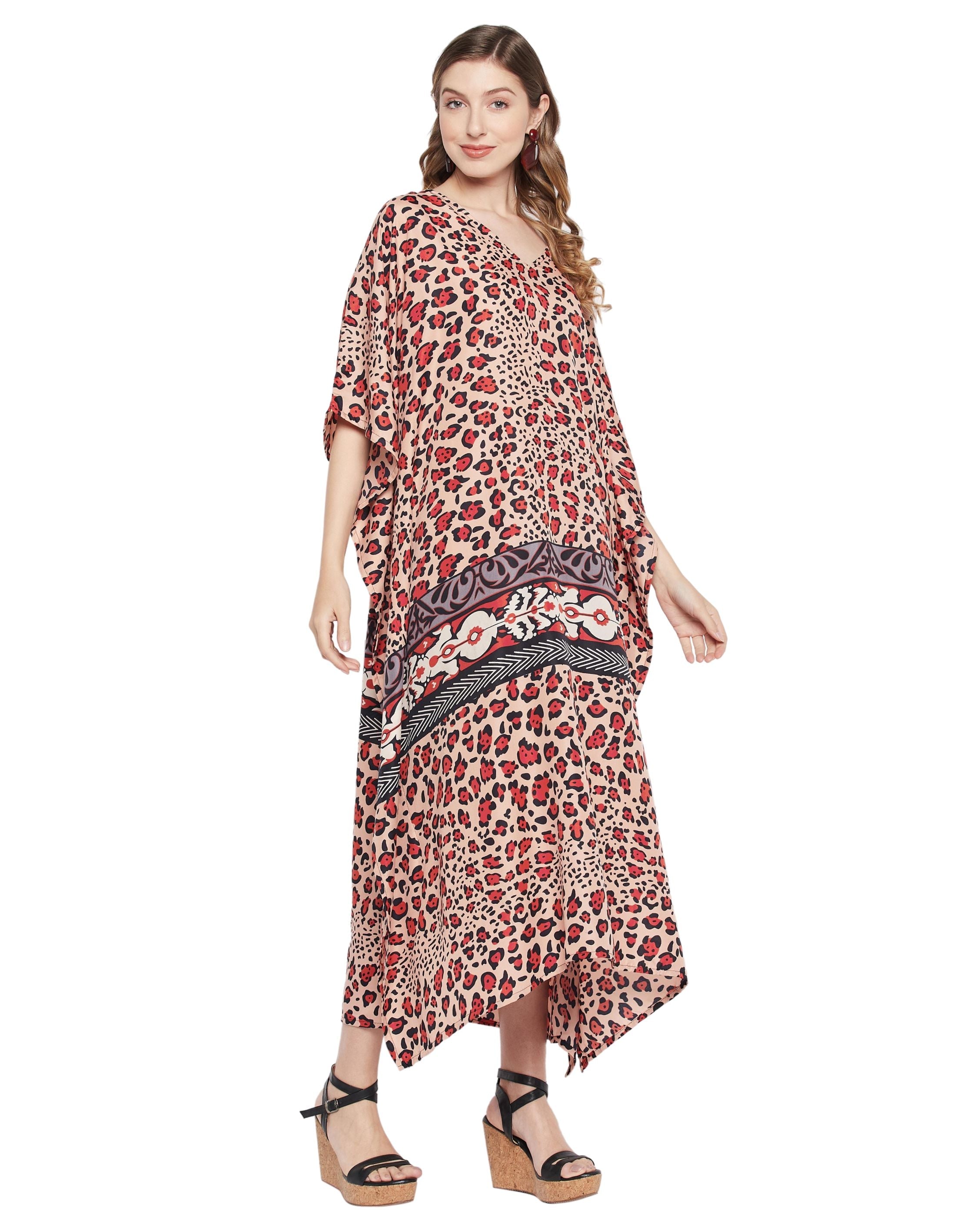 Animal Printed Multicolor Polyester Kaftan Dress For Plus Size Women