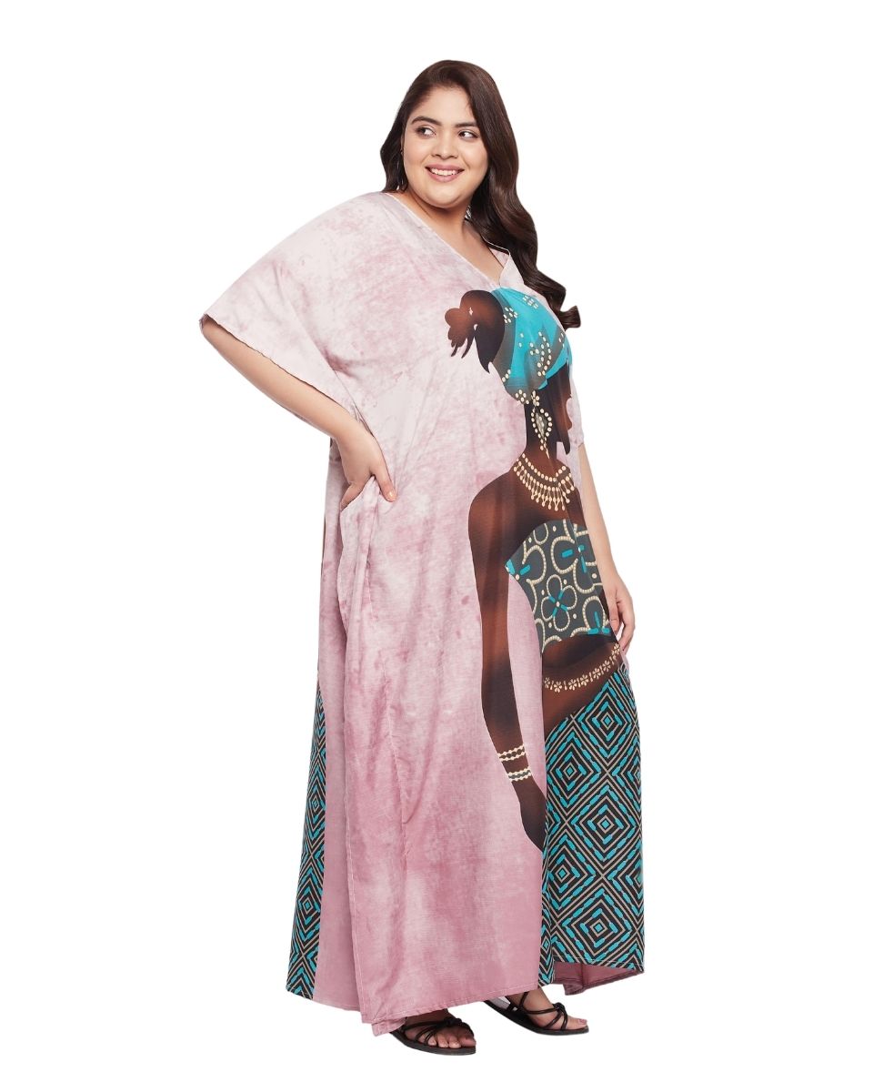 Printed Tribal Pink Polyester Kaftan Dress For Plus Size Women