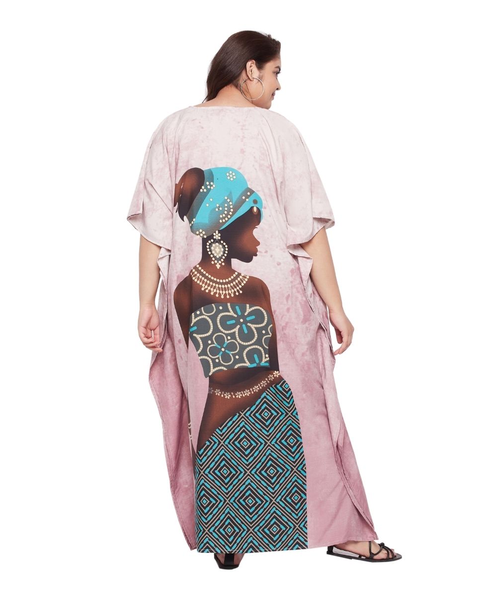 Printed Tribal Pink Polyester Kaftan Dress For Plus Size Women