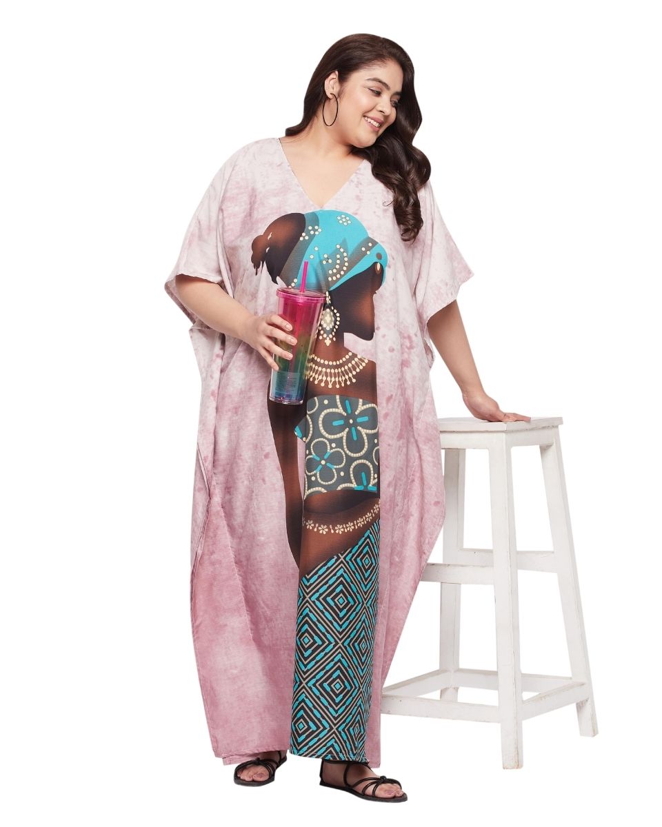 Printed Tribal Pink Polyester Kaftan Dress For Plus Size Women