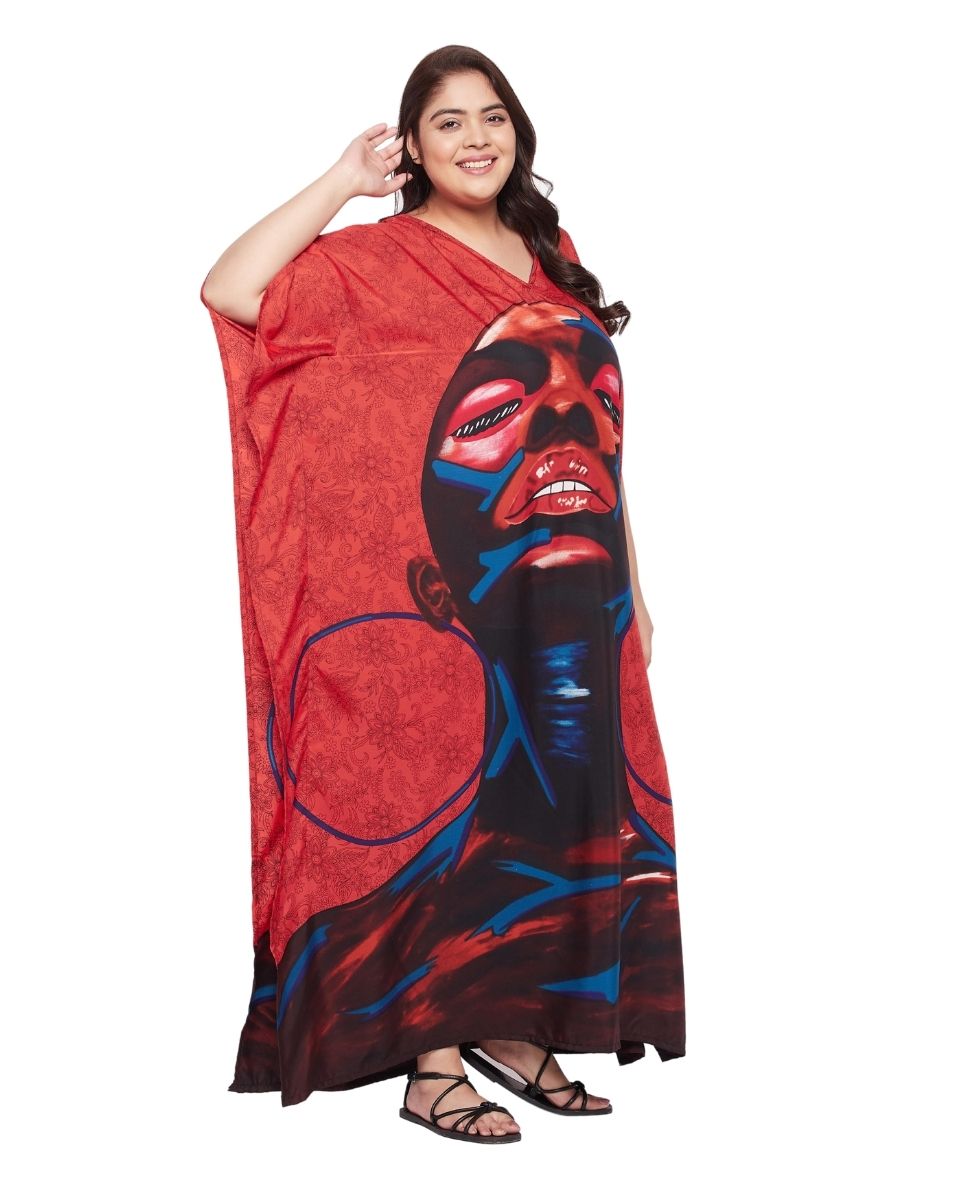 Kaftan Dress For Plus Size Women Tribal Printed Red Polyester