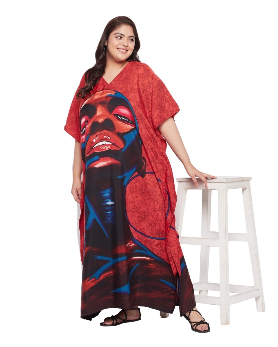 Kaftan Dress For Plus Size Women Tribal Printed Red Polyester