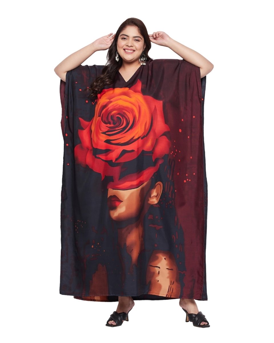 Maroon Digital Plus Size Floral Printed Polyester Kaftan For Women