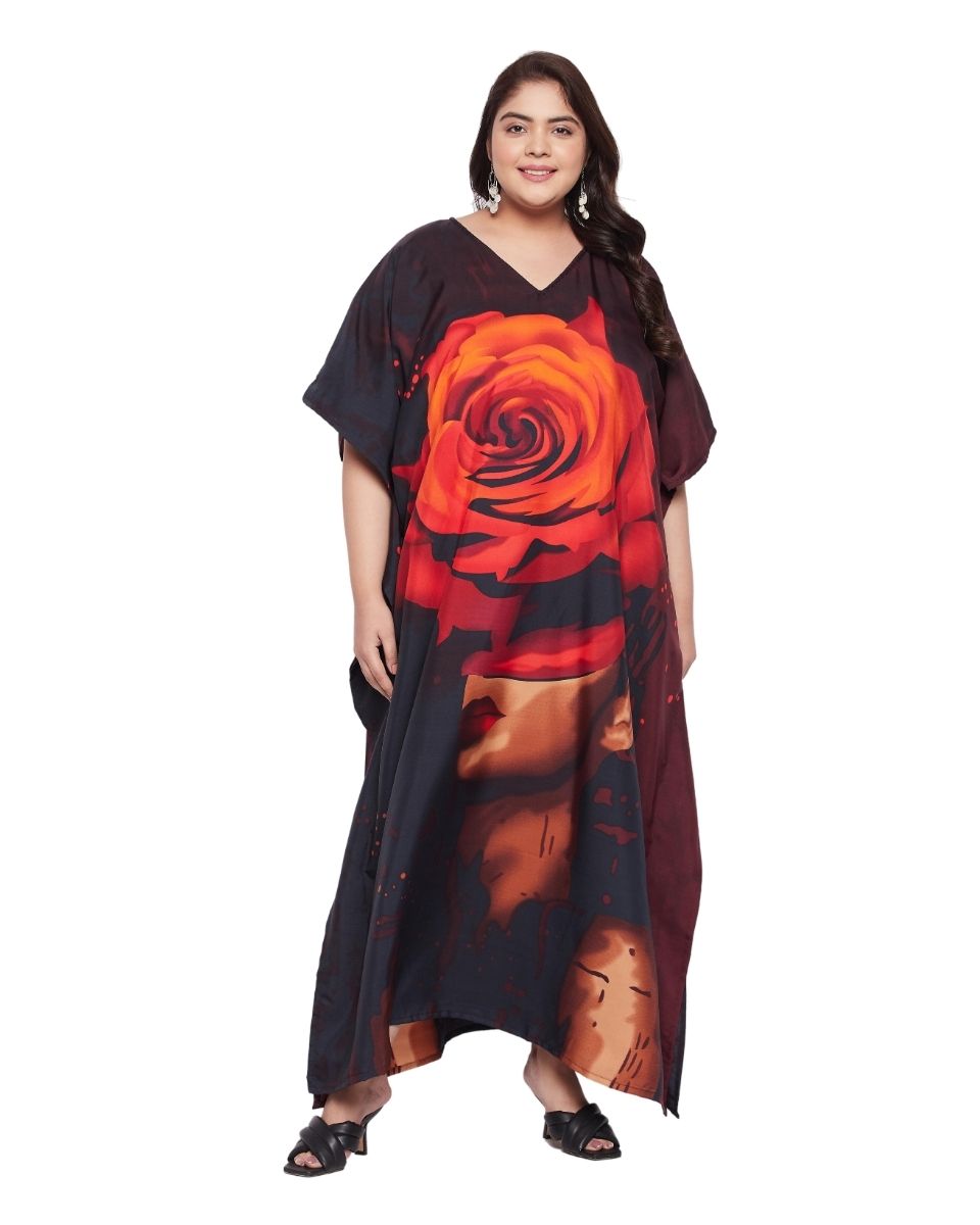 Maroon Digital Plus Size Floral Printed Polyester Kaftan For Women