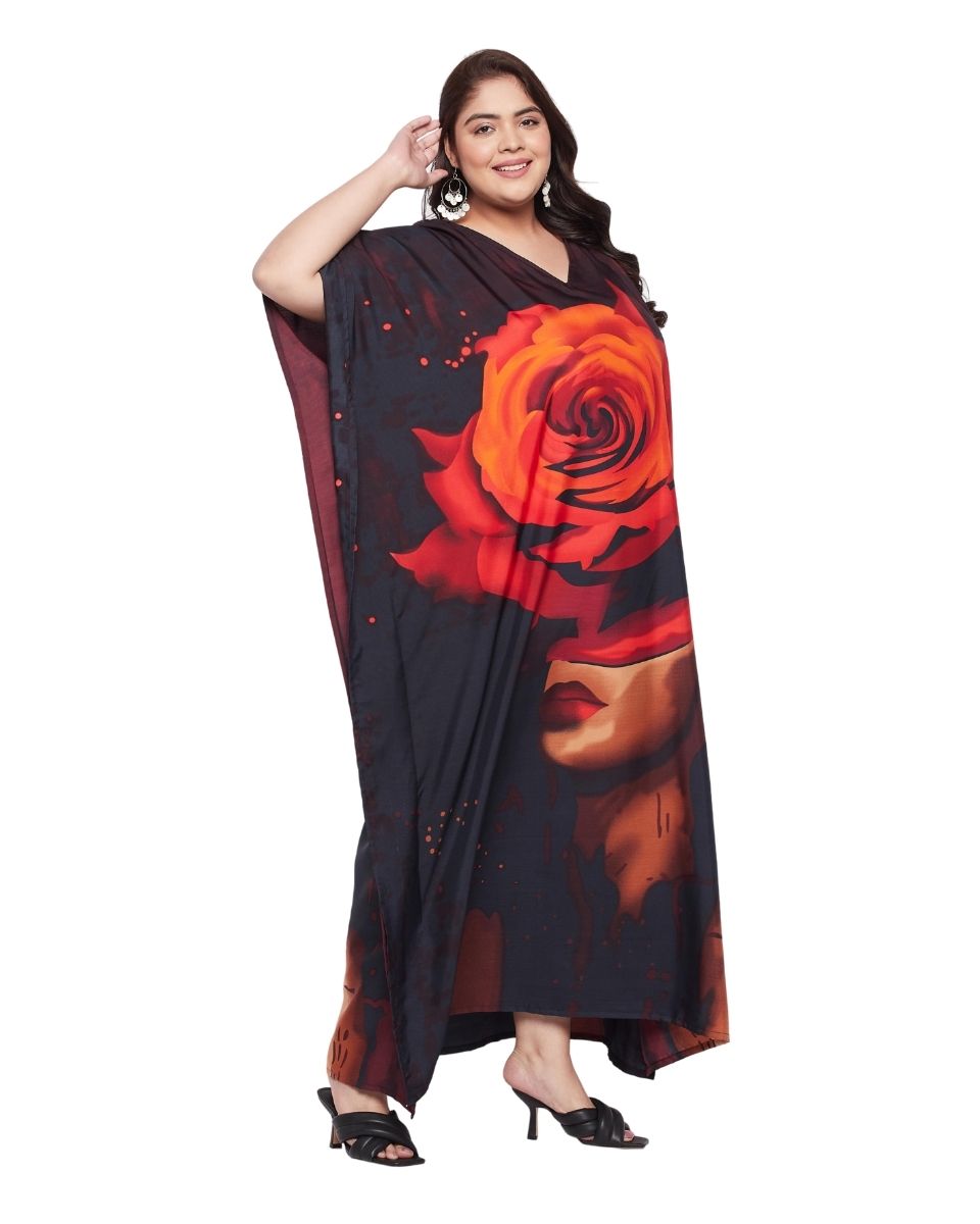 Maroon Digital Plus Size Floral Printed Polyester Kaftan For Women