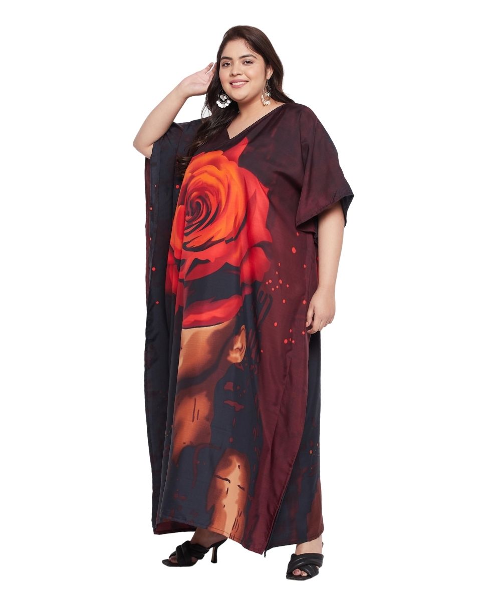 Maroon Digital Plus Size Floral Printed Polyester Kaftan For Women