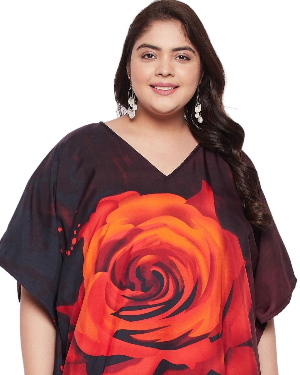 Maroon Digital Plus Size Floral Printed Polyester Kaftan For Women