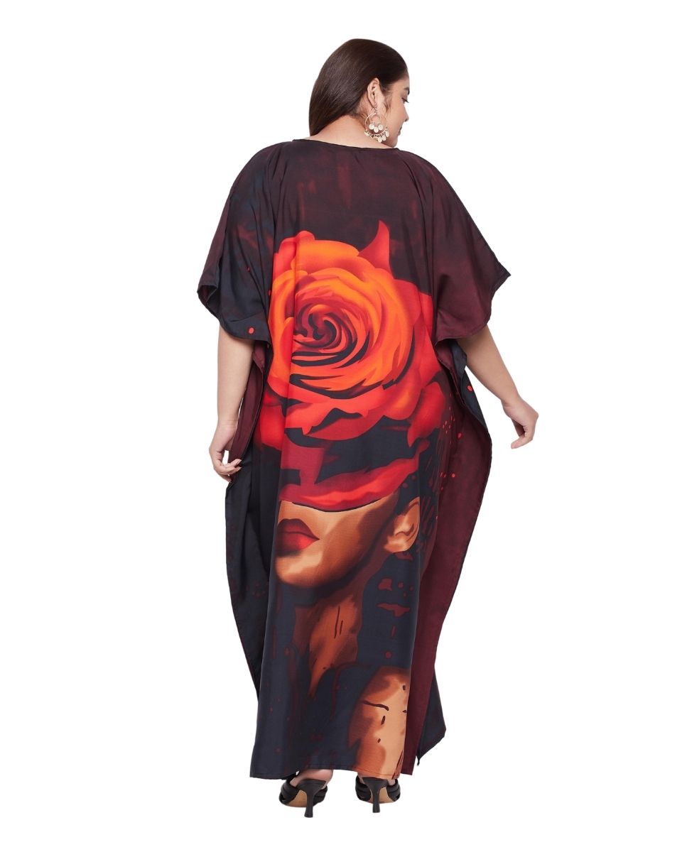 Maroon Digital Plus Size Floral Printed Polyester Kaftan For Women