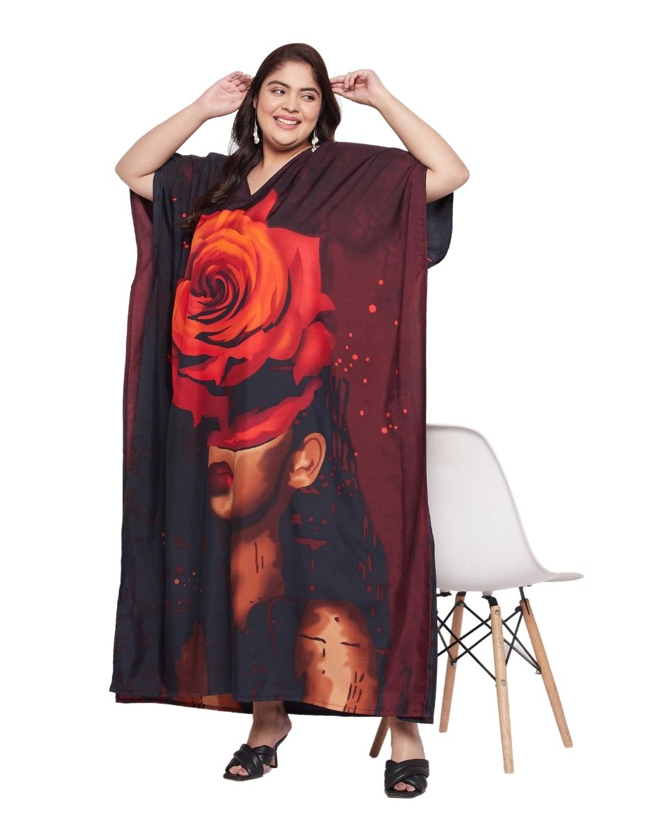 Maroon Digital Plus Size Floral Printed Polyester Kaftan For Women