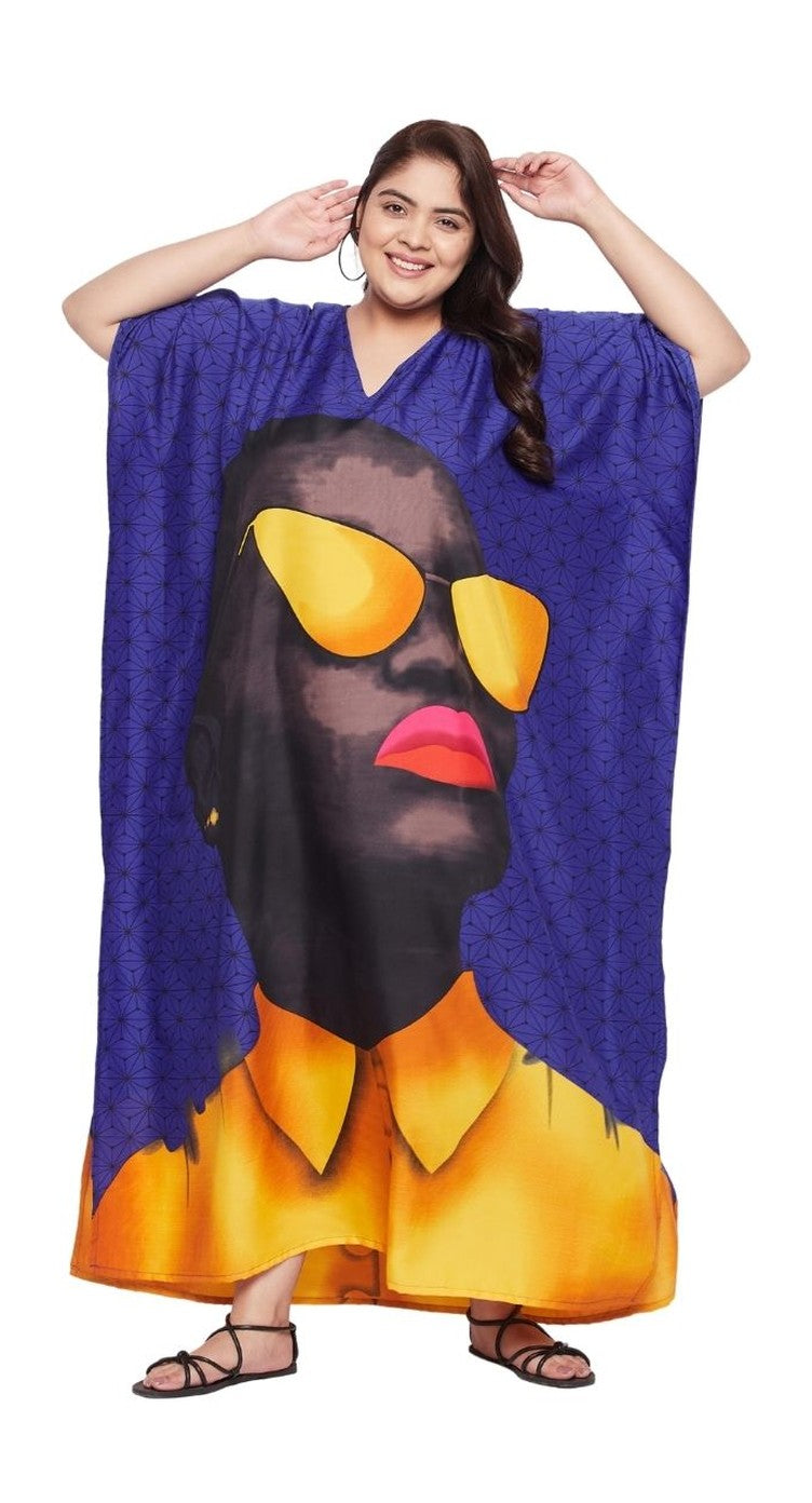 Purple polyester plus size kaftan with pop art woman face graphic print in yellow