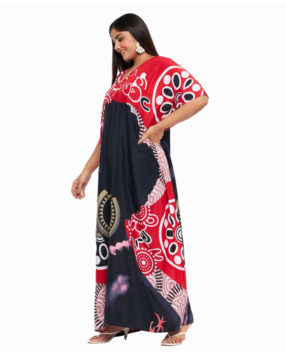 Tribal Printed Red Polyester Kaftan Dress for Women