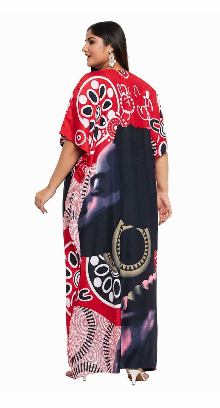 Red and navy medallion woman face colourblock print polyester plus size kaftan — extra view