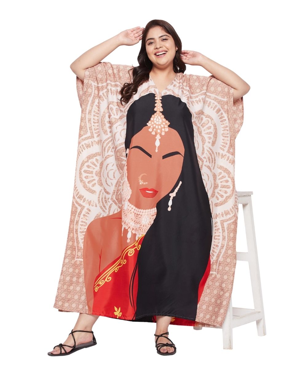 Women Tribal Printed Beige Polyester Kaftan Plus Size Dress