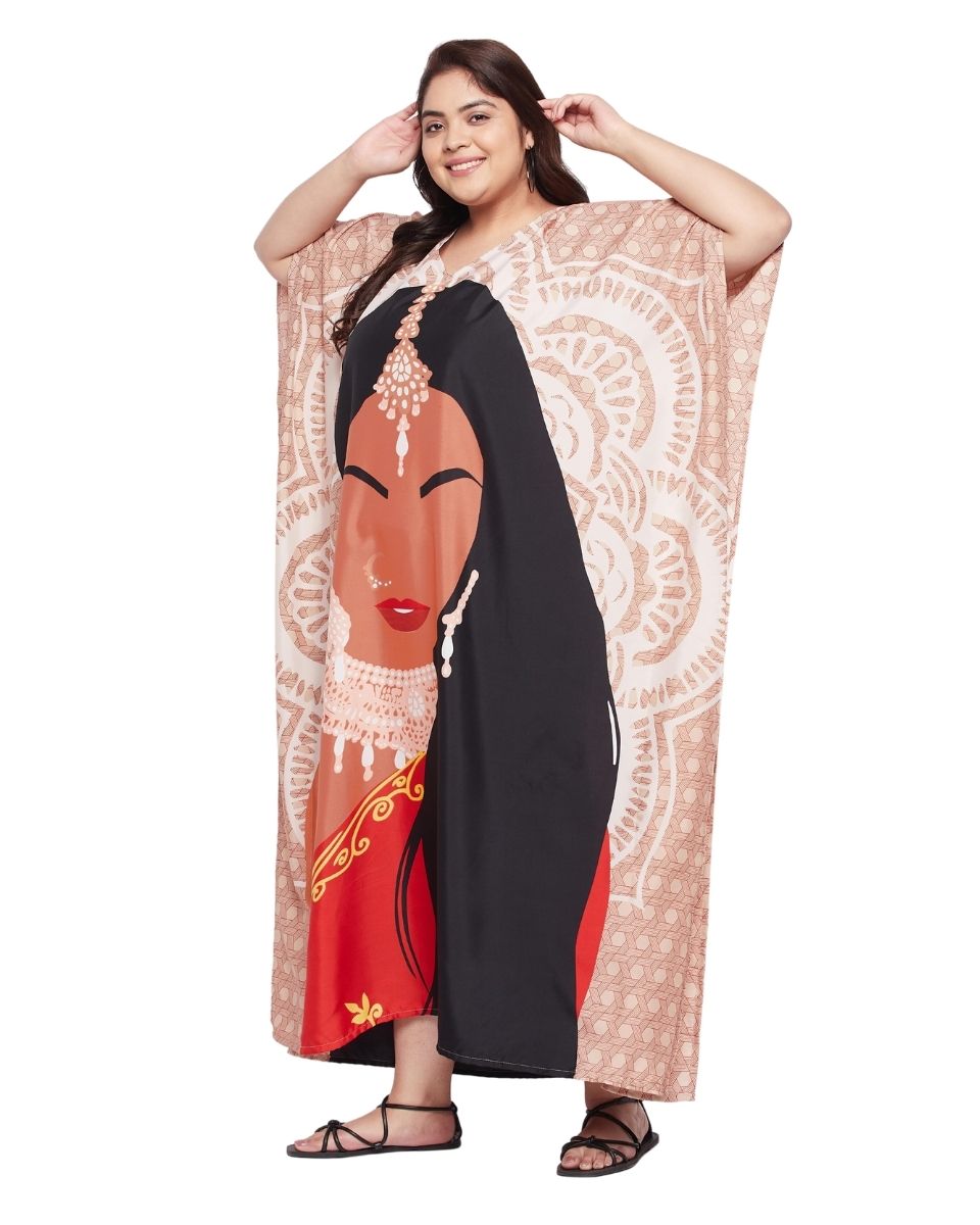 Women Tribal Printed Beige Polyester Kaftan Plus Size Dress