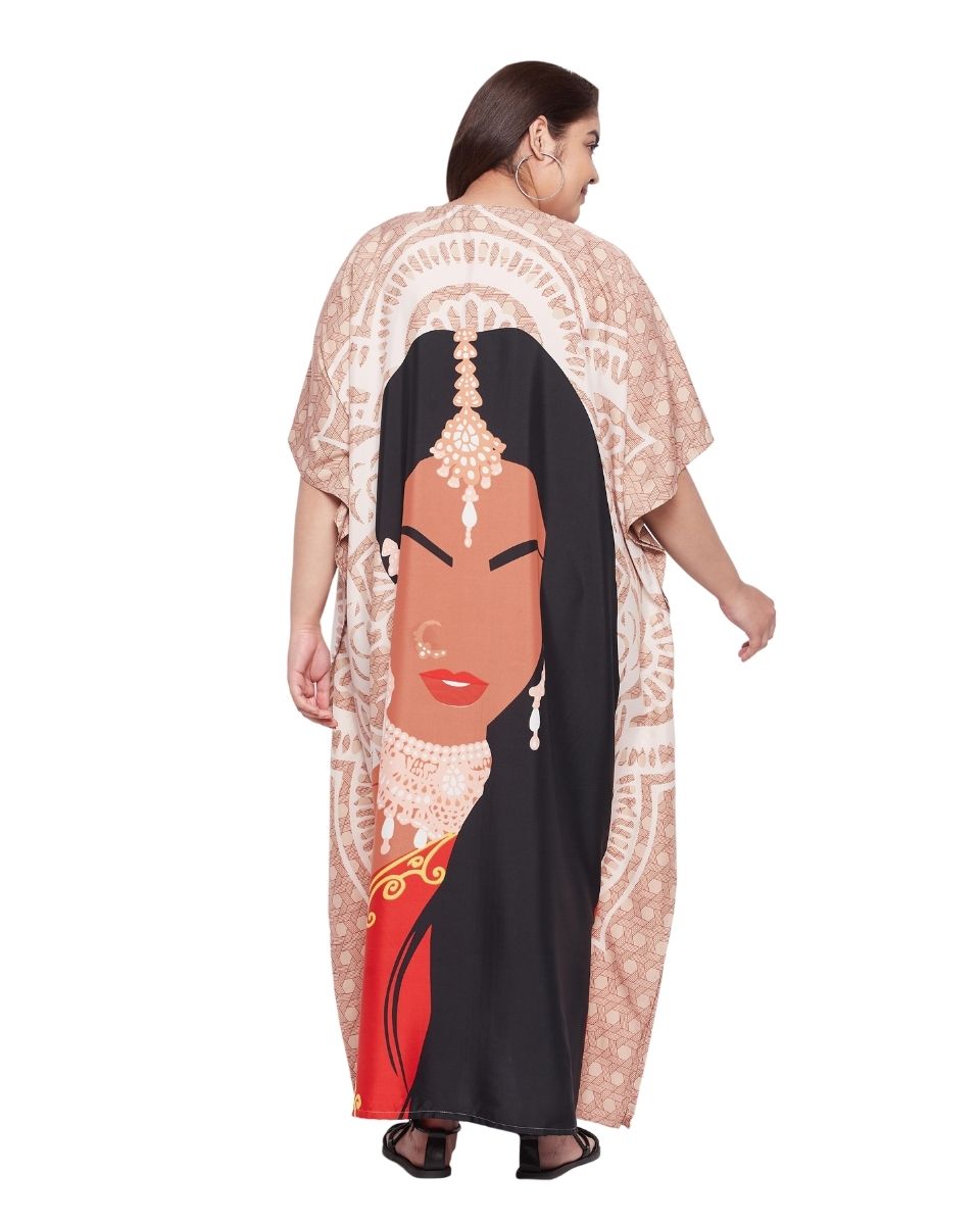 Women Tribal Printed Beige Polyester Kaftan Plus Size Dress