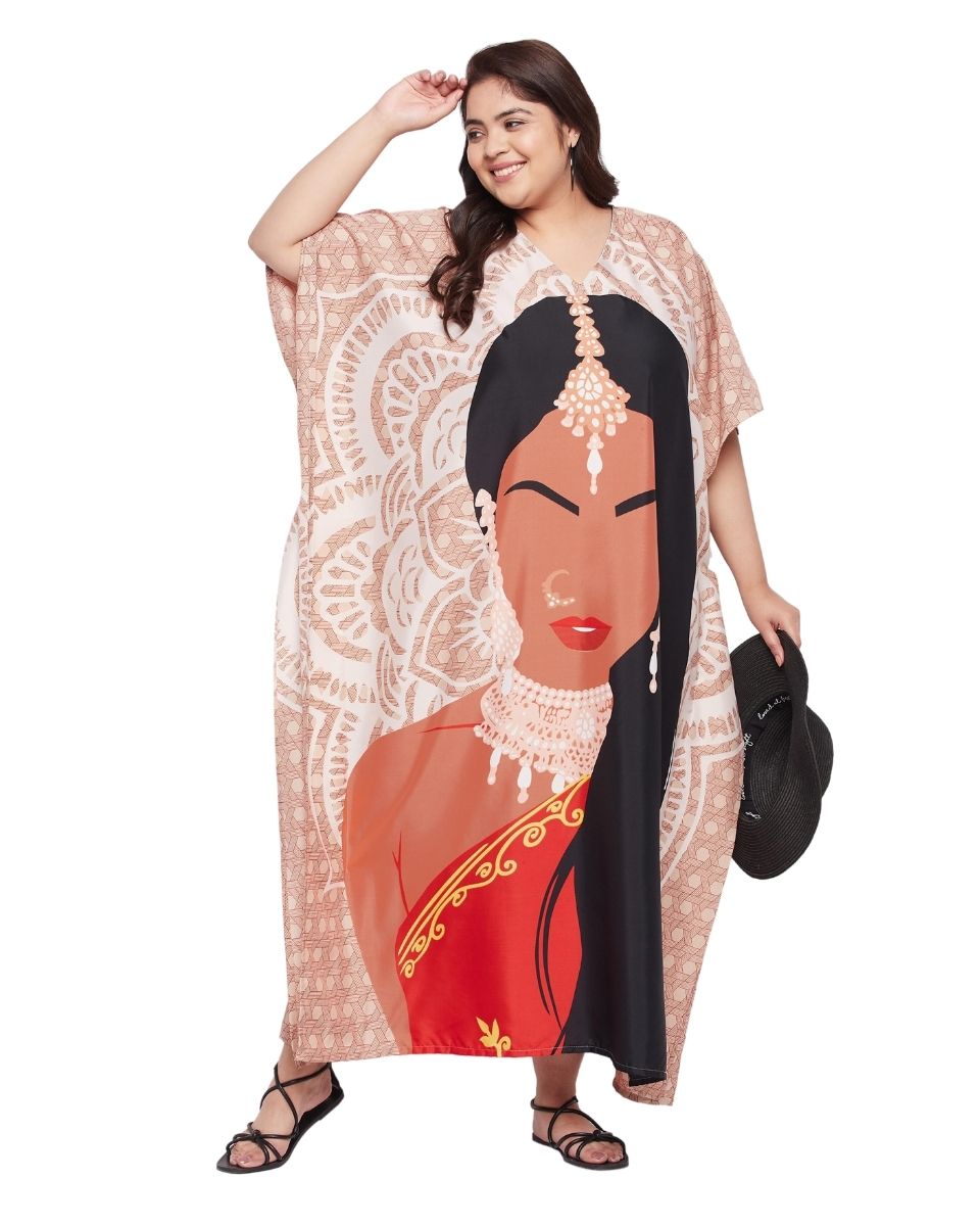 Women Tribal Printed Beige Polyester Kaftan Plus Size Dress