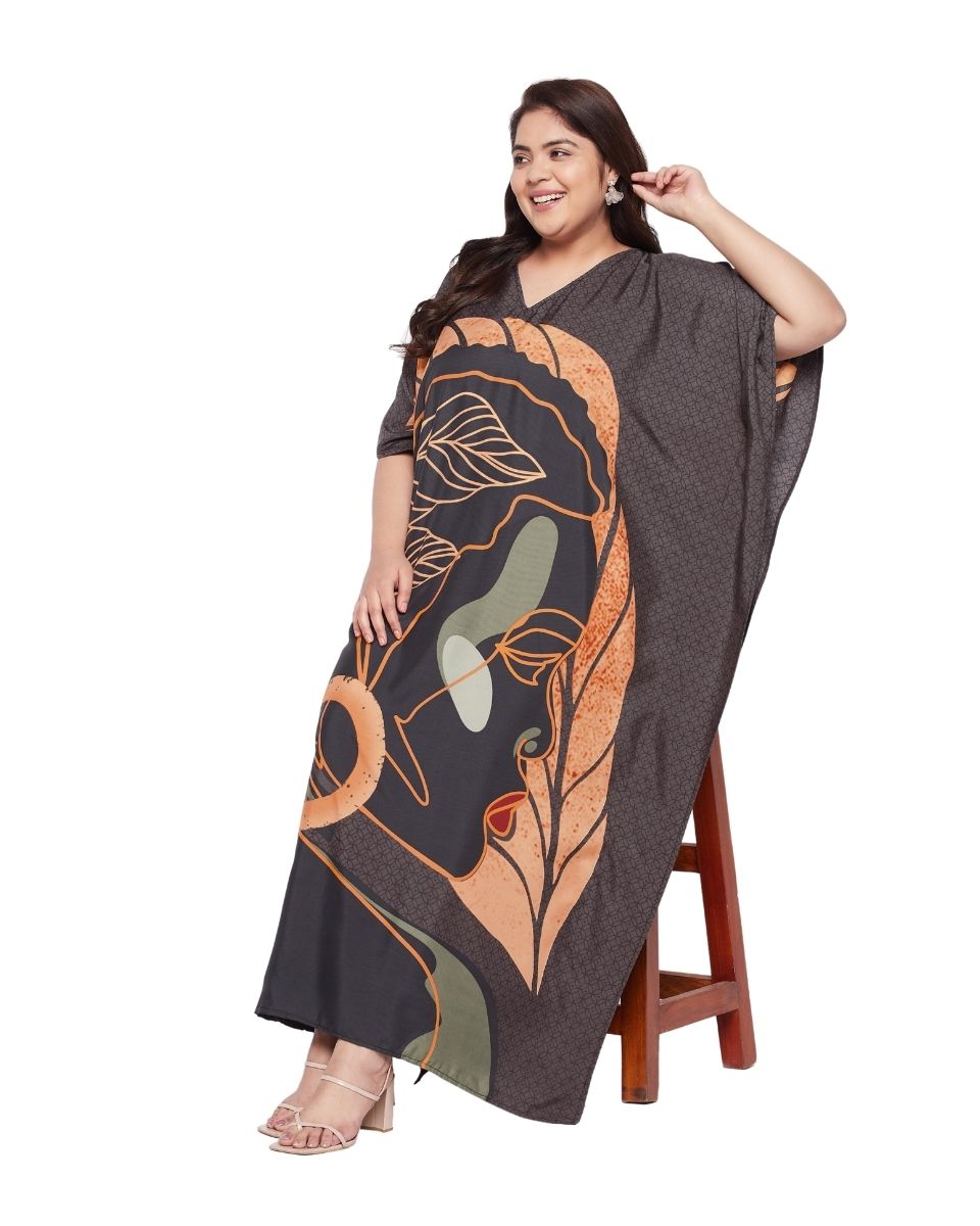 Tribal Printed Brown Polyester Kaftan Dress for Women