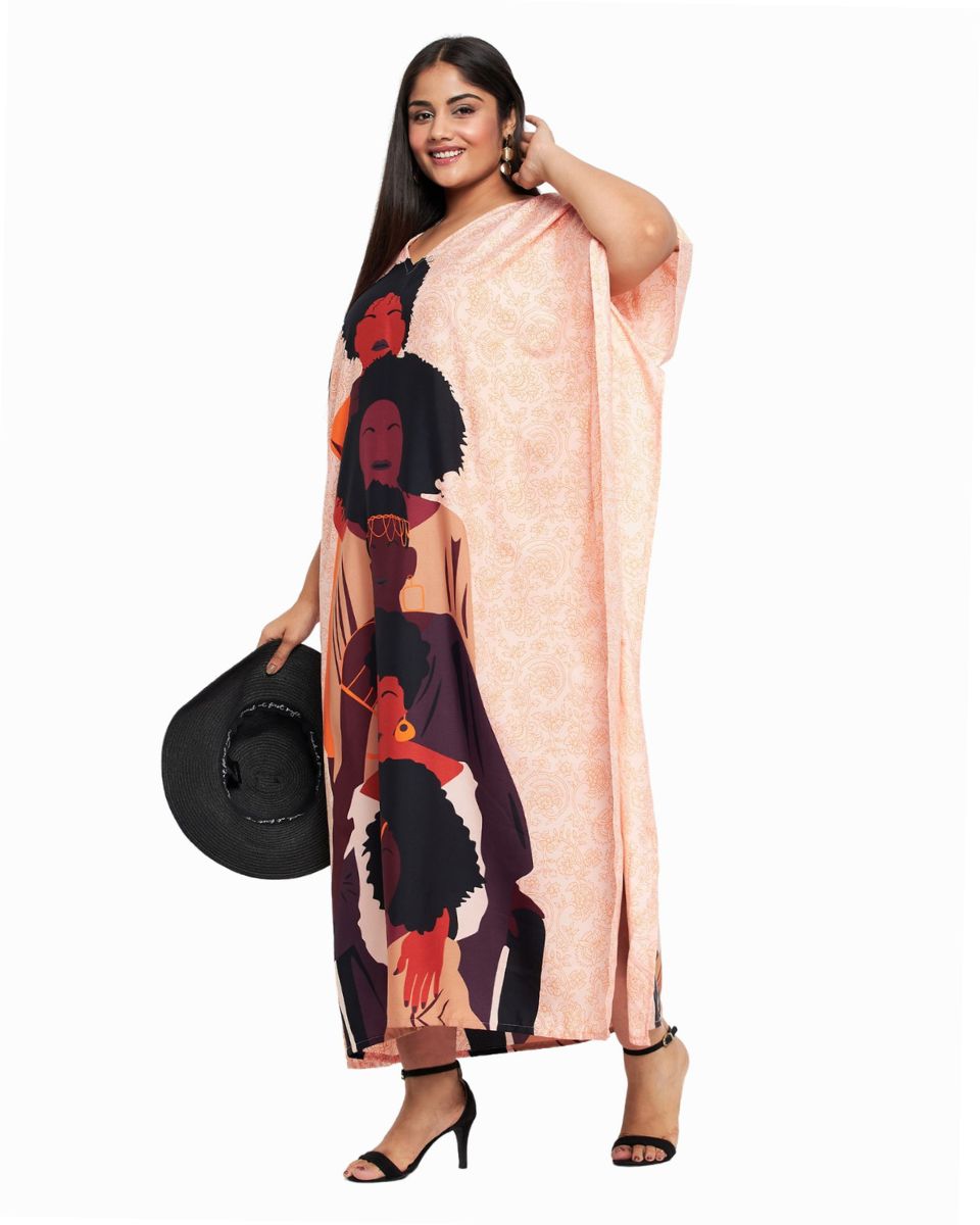 Light Pink Polyester Kaftan Tribal Printed For Plus Size Women