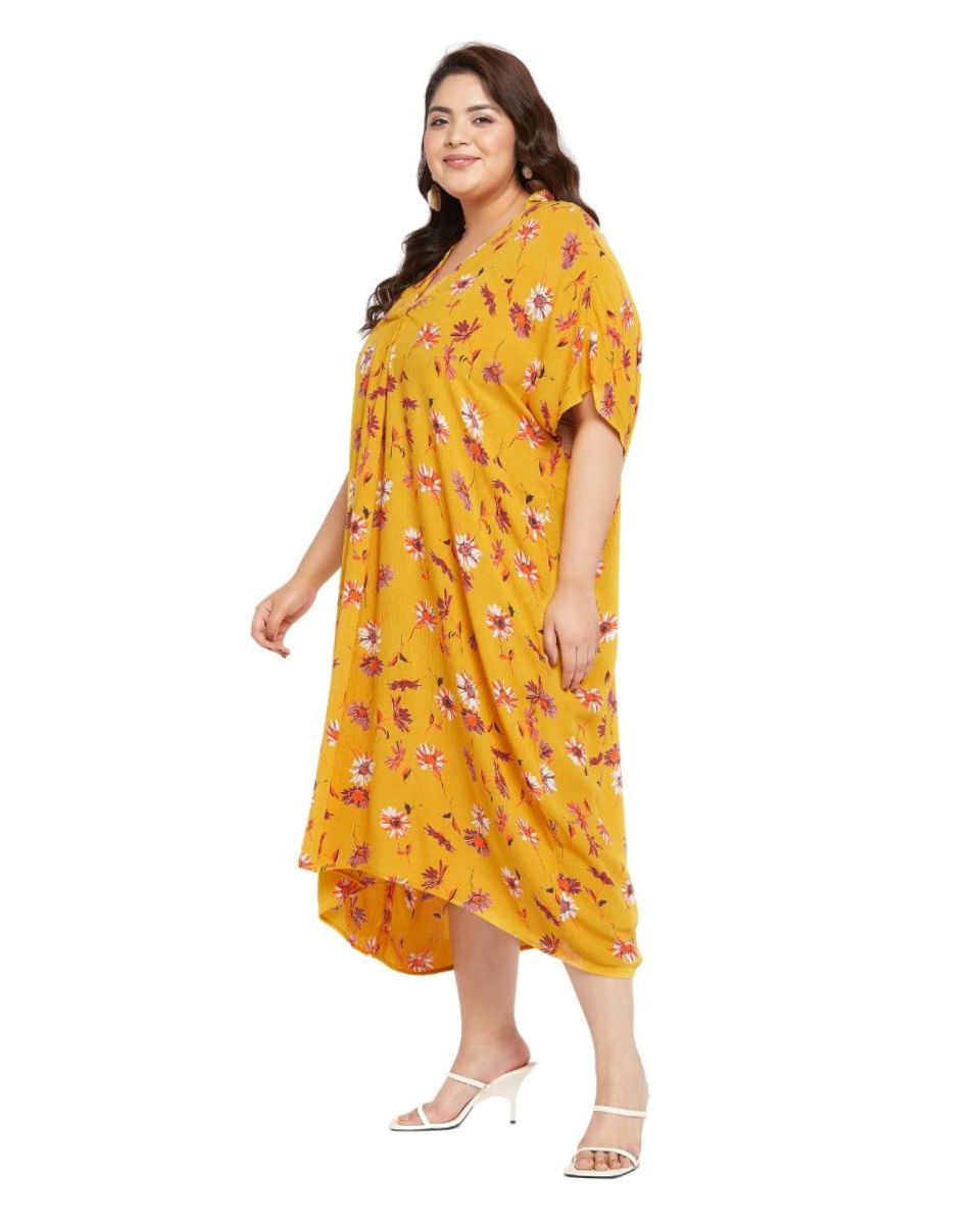 Bright Yellow Satin Dress with floral print