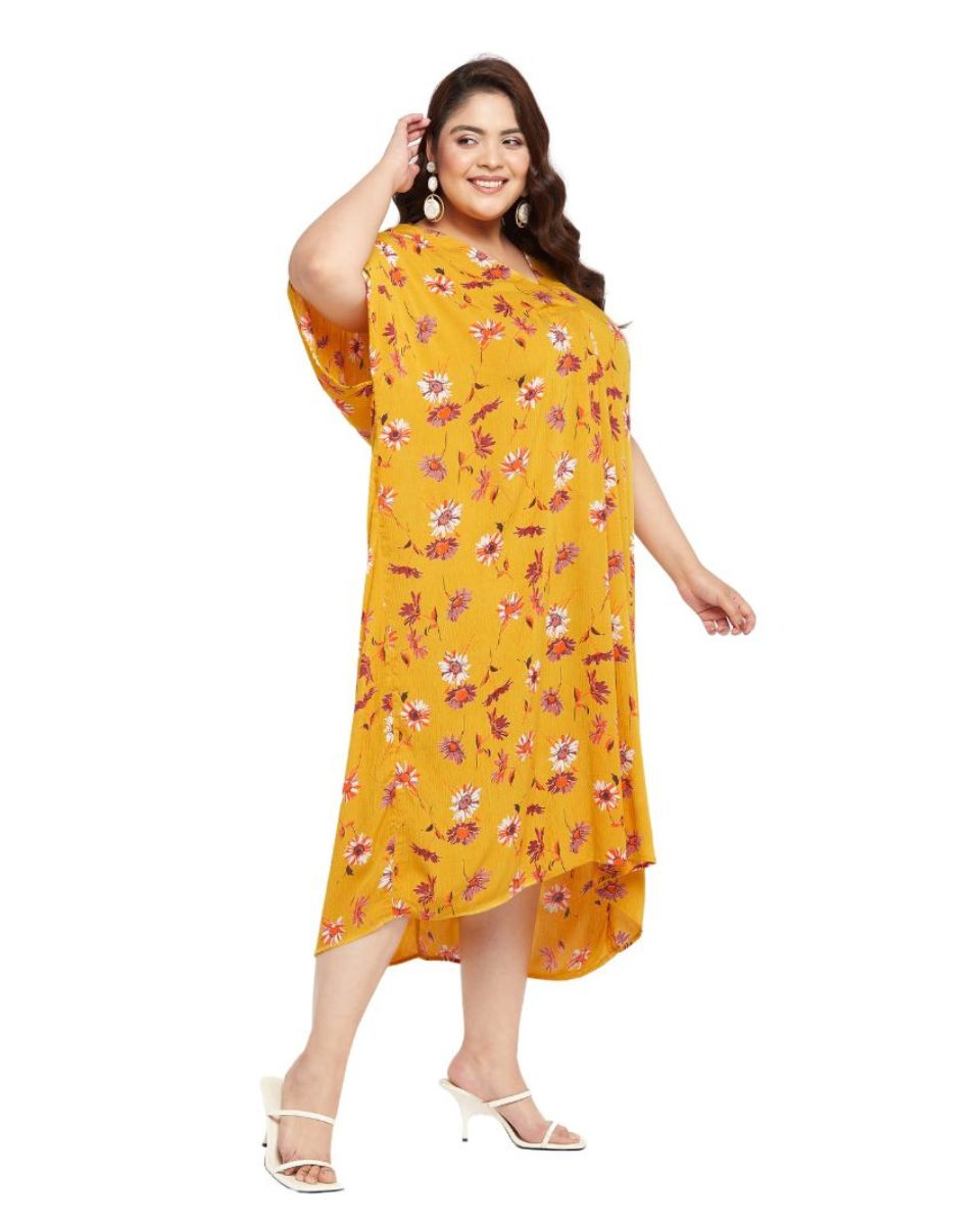Stylish Floral Printed Yellow Satin Dress