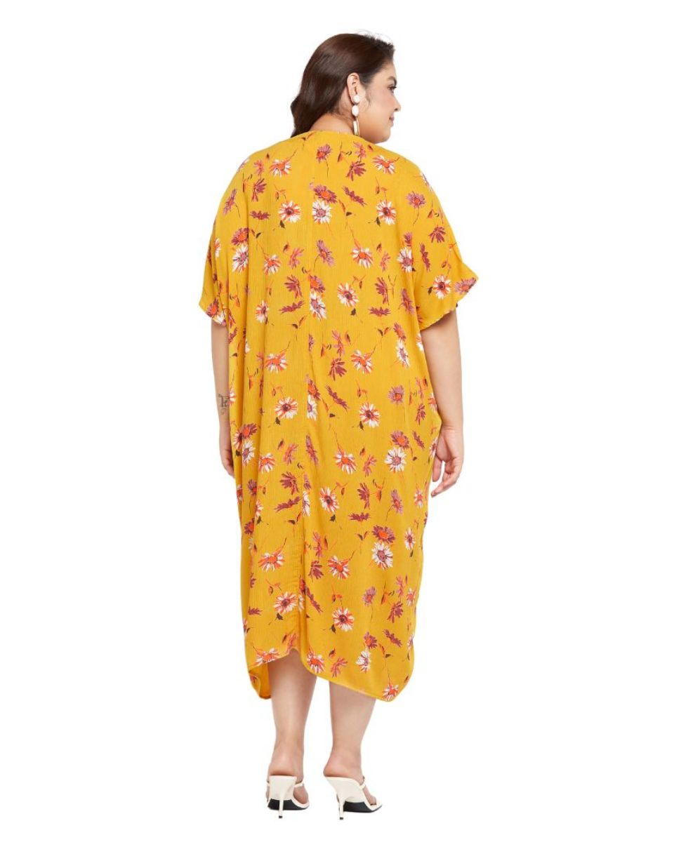 Floral Printed Yellow Satin Kaftan Dress for Women