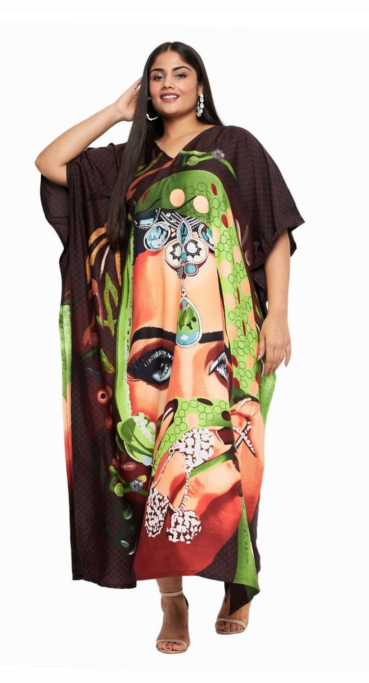 Brown polyester plus size kaftan with pop art woman face graphic print and V-neck