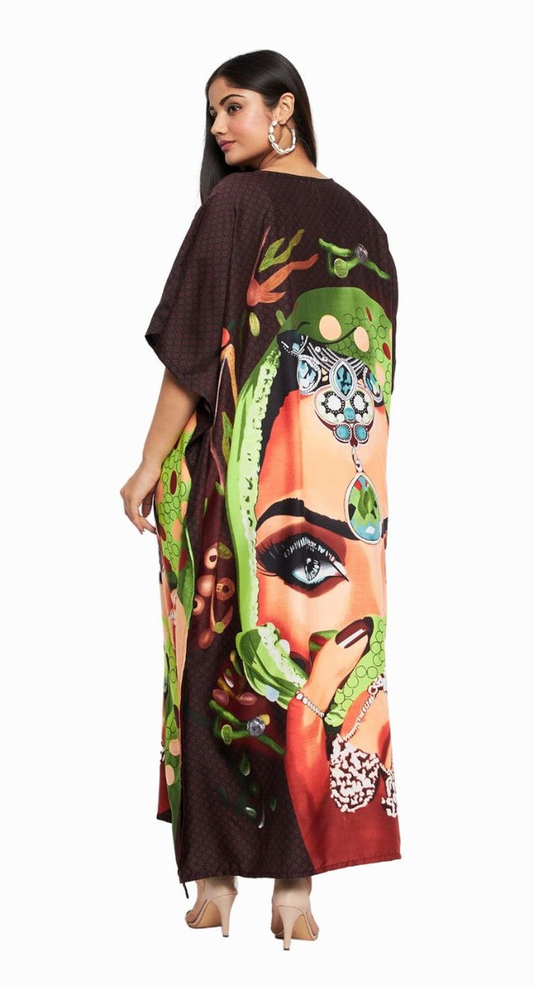 Brown polyester plus size kaftan with pop art woman face graphic print and V-neck — alternate view