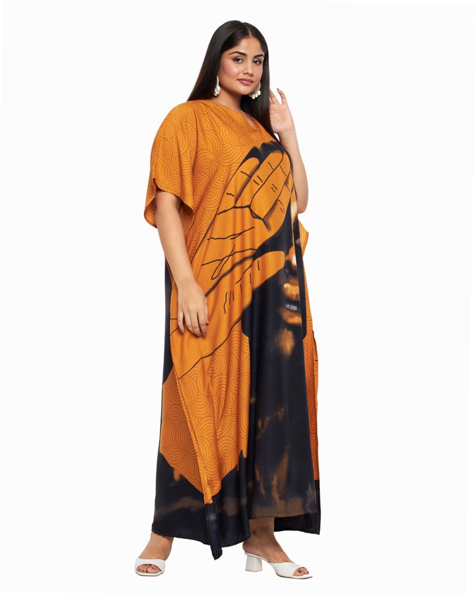 Tribal Printed Mustard Polyester Kaftan Dress for Women