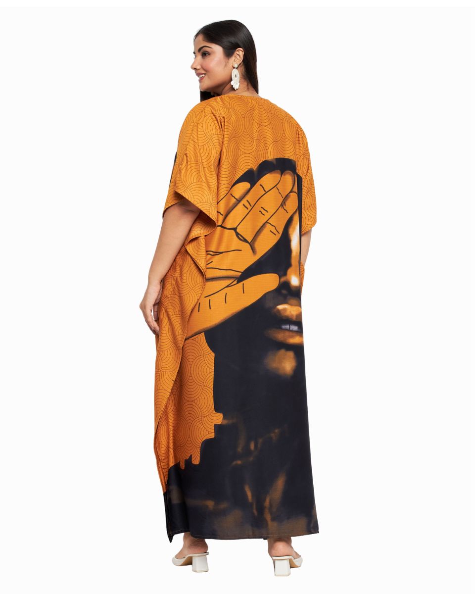 Tribal Printed Mustard Polyester Kaftan Dress for Women