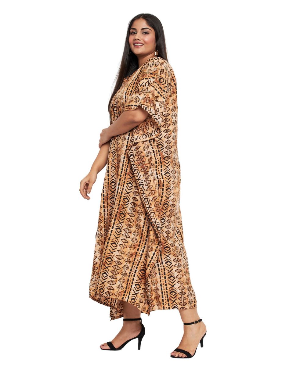 Tribal Printed Light Brown Polyester Kaftan Dress for Women