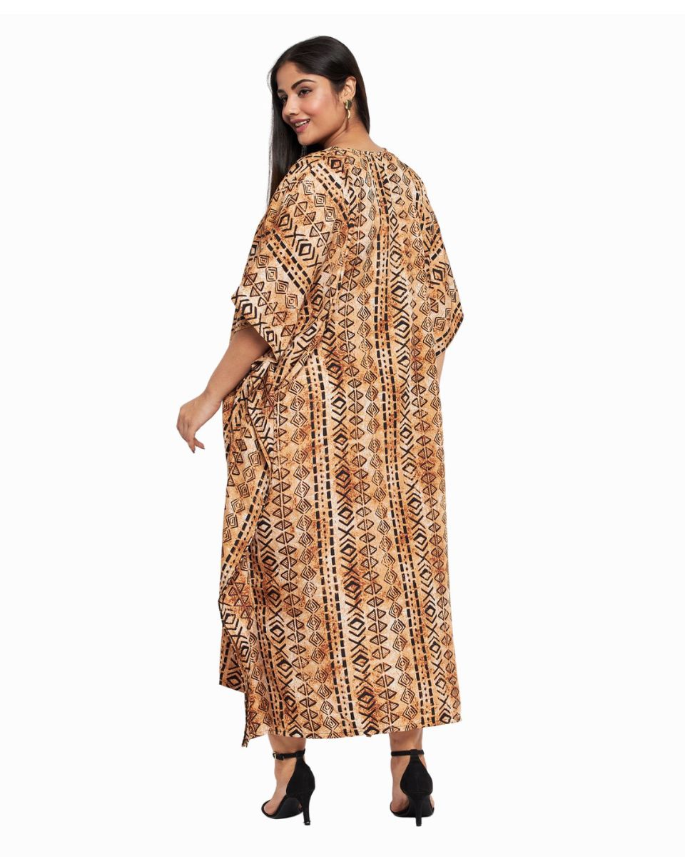 Tribal Printed Light Brown Polyester Kaftan Dress for Women