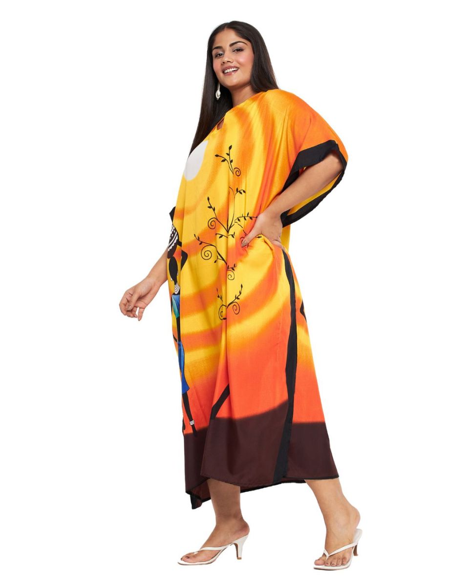 Tribal Printed Orange Polyester Kaftan For Plus Size Women