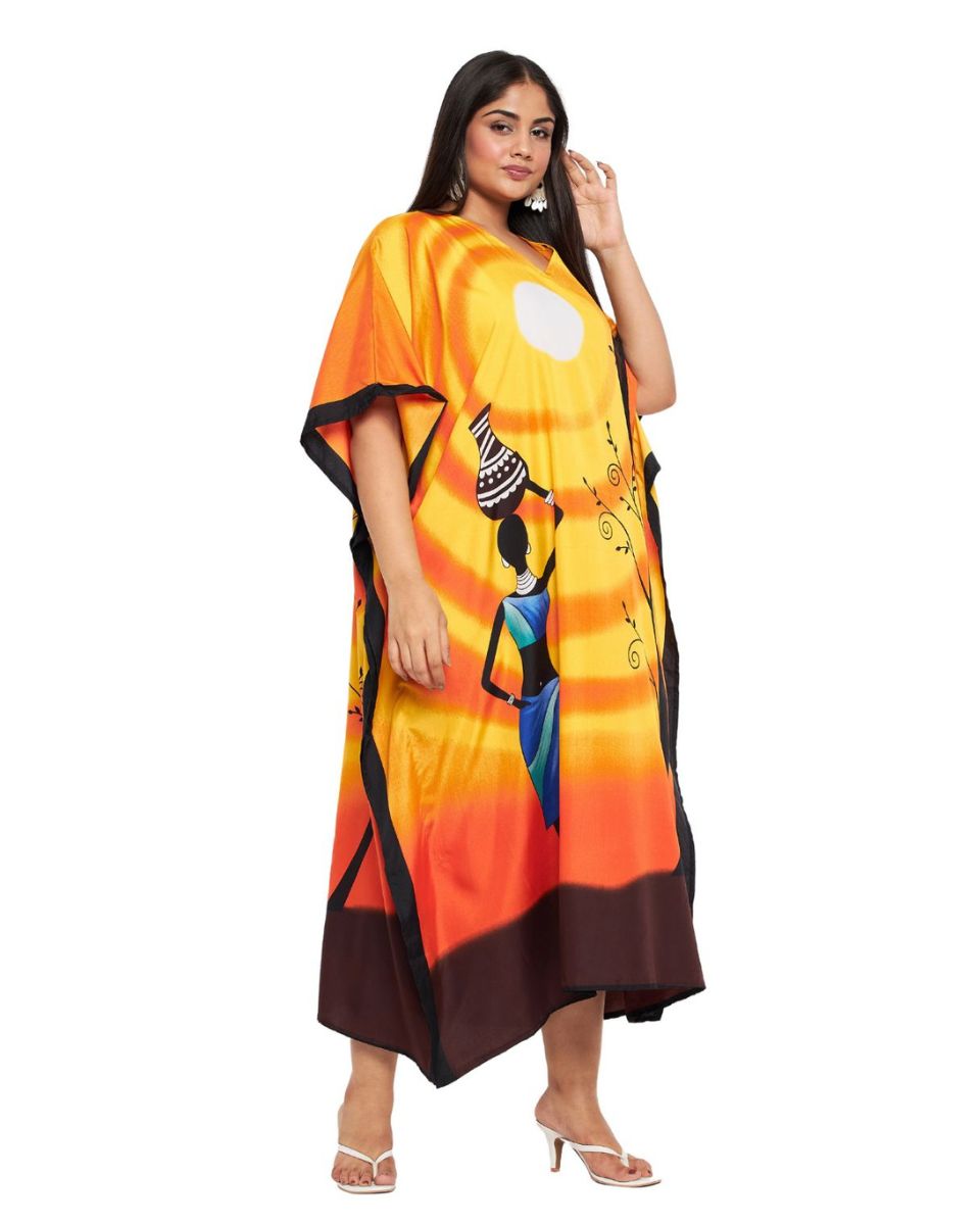 Tribal Printed Orange Polyester Kaftan For Plus Size Women