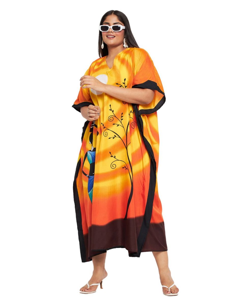 Tribal Printed Orange Polyester Kaftan For Plus Size Women