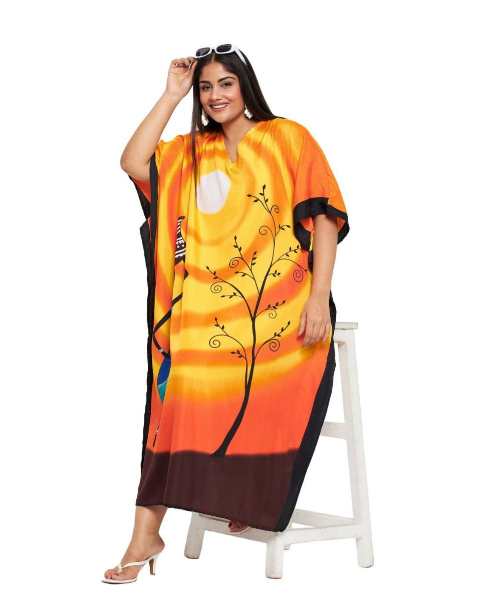 Tribal Printed Orange Polyester Kaftan For Plus Size Women