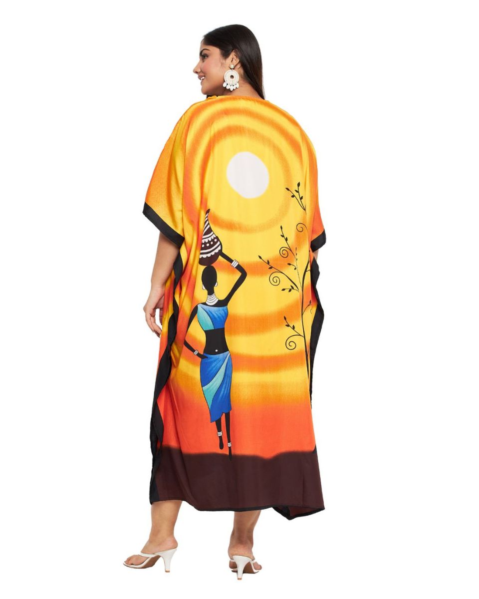 Tribal Printed Orange Polyester Kaftan For Plus Size Women