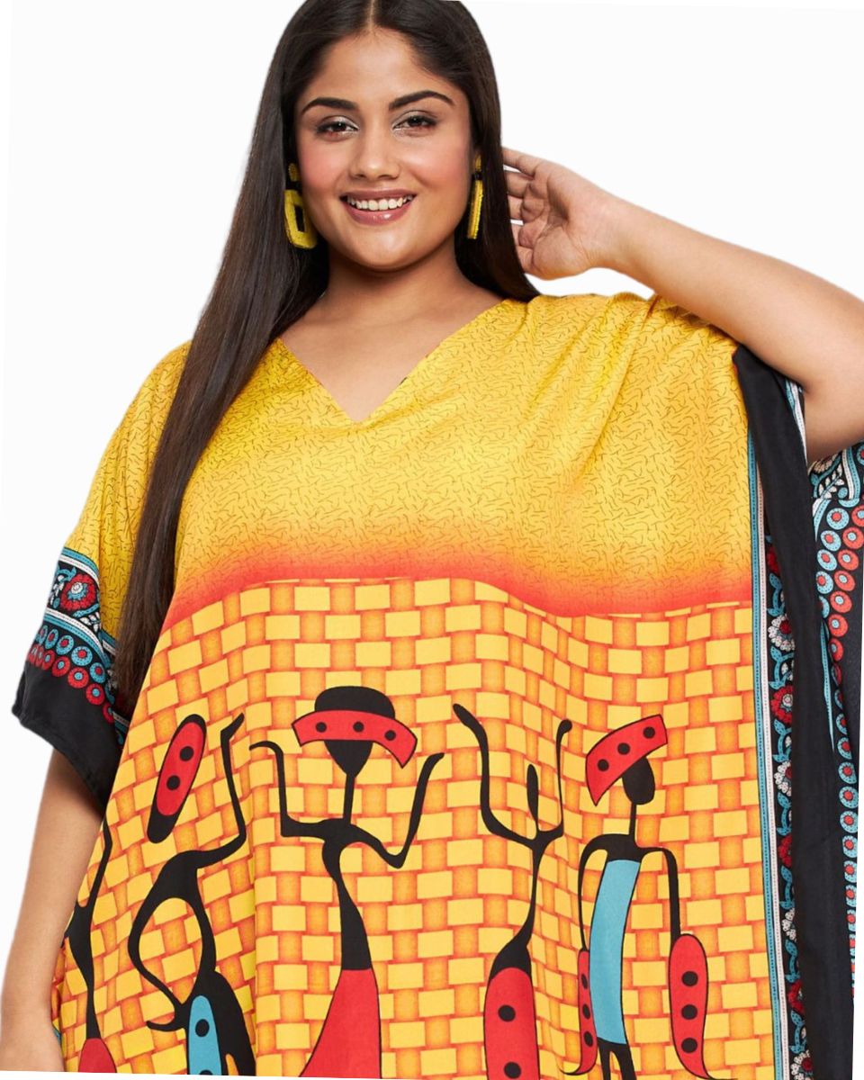 Tribal Printed Yellow Polyester Kaftan For Plus Size Women