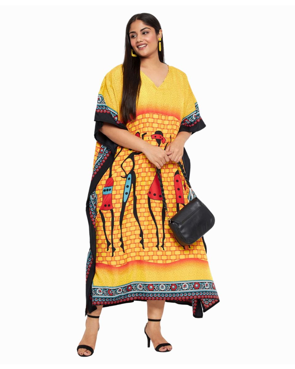 Tribal Printed Yellow Polyester Kaftan For Plus Size Women