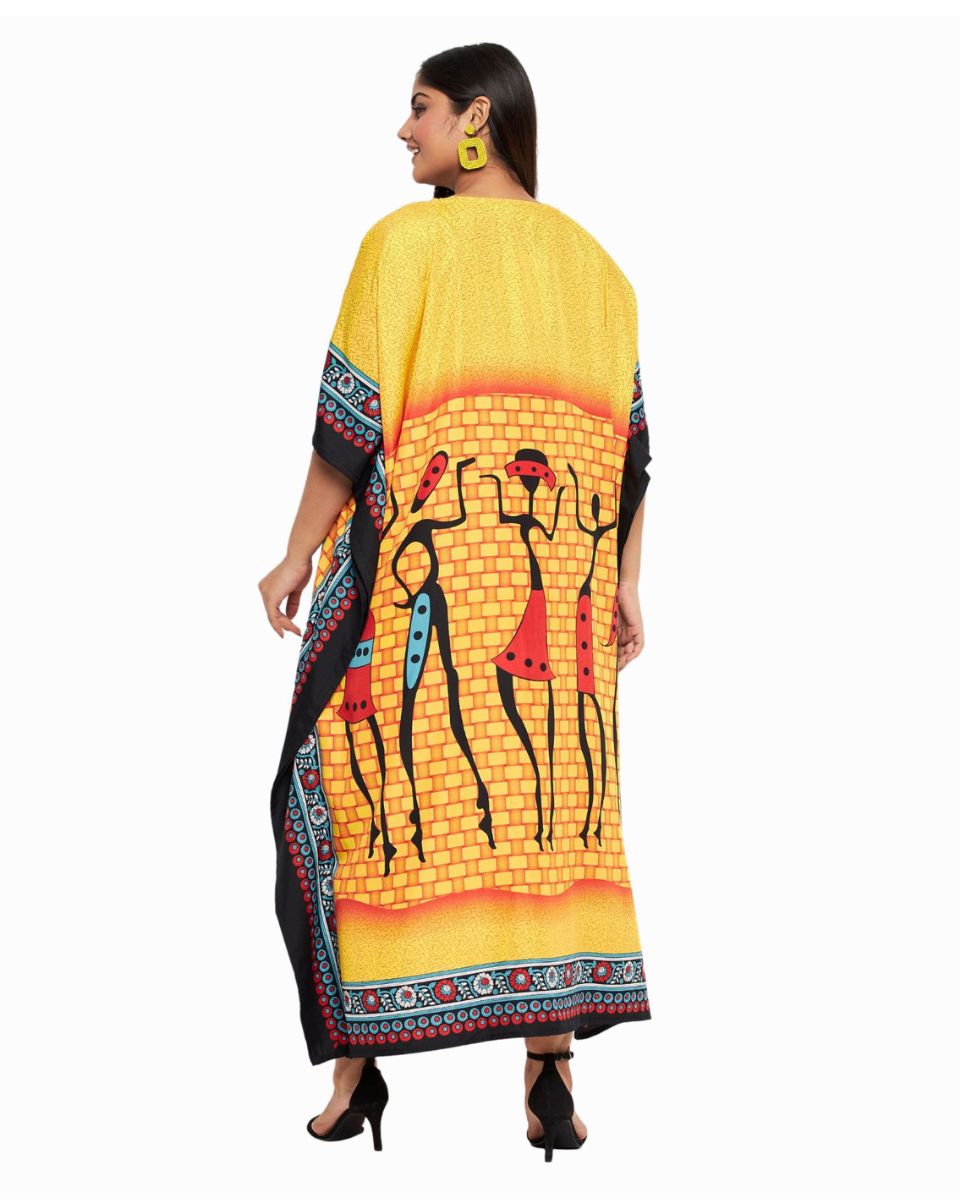 Tribal Printed Yellow Polyester Kaftan For Plus Size Women