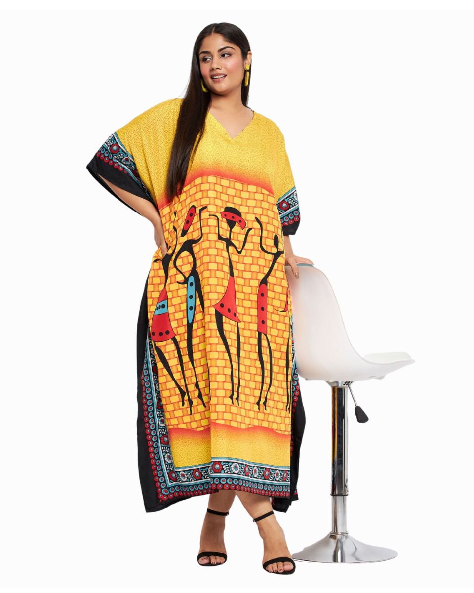 Tribal Printed Yellow Polyester Kaftan For Plus Size Women