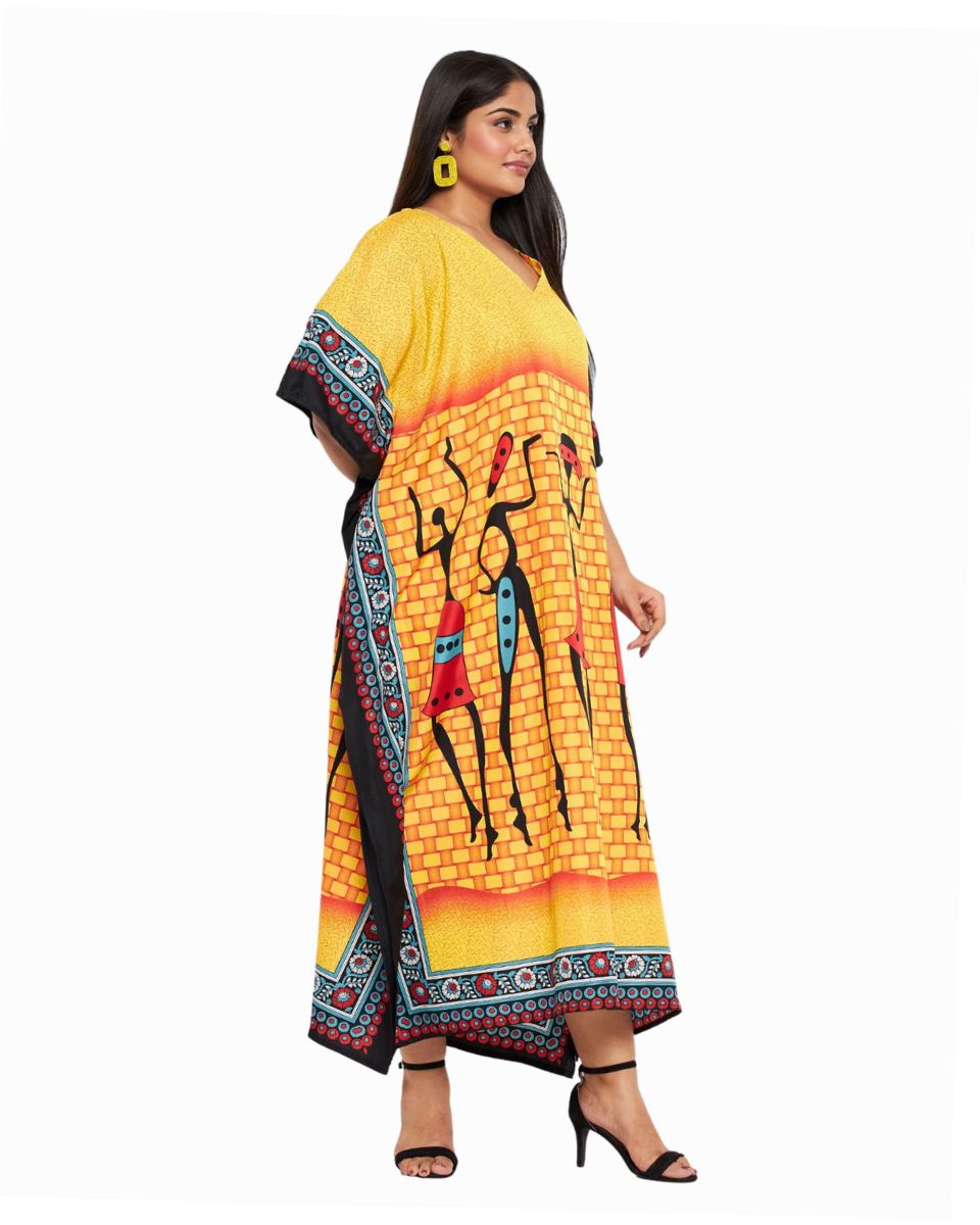 Tribal Printed Yellow Polyester Kaftan For Plus Size Women