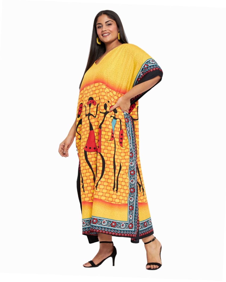 Tribal Printed Yellow Polyester Kaftan For Plus Size Women