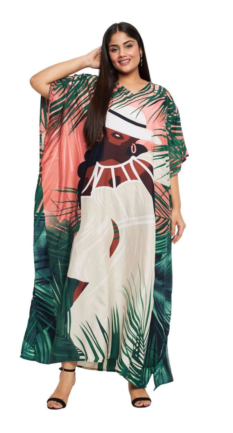 Coral and green tropical palm print plus size kaftan with woman figure motif
